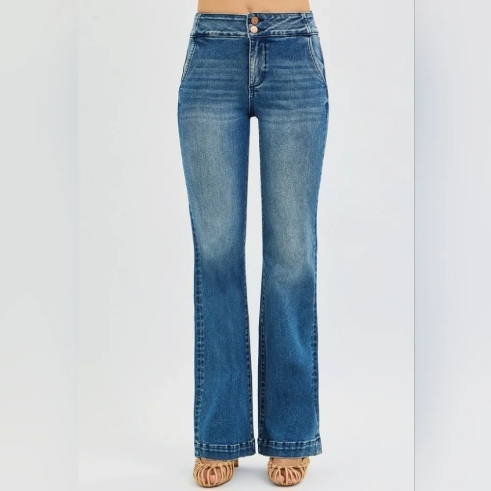 RISEN HR Dark Wash Wide Leg Jeans Double Button Trouser Style Denim 9/29 NEW